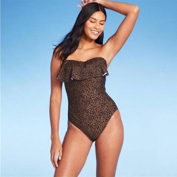 Kona Sol NEW Animal Print Bandeau Flounce High Coverage One Piece w/ Straps XL - Picture 1 of 5